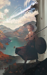  3girls aikura_chihiro autumn beam broom broom_riding brown_headwear commentary_request danmaku day falling_leaves flying geta grey_hair hat highres holding holding_shield holding_sword holding_weapon inubashiri_momiji kawashiro_nitori kirisame_marisa lake landscape leaf long_skirt long_sleeves maple_leaf midriff mountain multiple_girls navel outdoors photoshop_(medium) profile scenery shield shirt short_hair skirt socks standing sword tabi tengu-geta touhou water weapon white_shirt wide_sleeves 