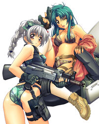  2girls aks-74u ass assault_rifle back bikini blush bow braid brown_eyes buckle camouflage camouflage_bikini camouflage_ribbon chidori_kaname commentary_request full_metal_panic gloves green_hair grey_hair gun hair_ribbon hairbow handgun highres holster kalashnikov_rifle long_hair multiple_girls nagayori one_eye_closed ribbon rifle snap-fit_buckle swimsuit teletha_testarossa thigh_holster thighhighs weapon white_thighhighs 