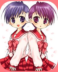  2girls blue_eyes blue_hair blush bun_cover cherry_blossoms double_bun hair_bun himeyuri_ruri himeyuri_sango lowres multiple_girls noriko_(pandora) purple_eyes purple_hair school_uniform serafuku siblings standing symmetry to_heart_(series) to_heart_2 twins 