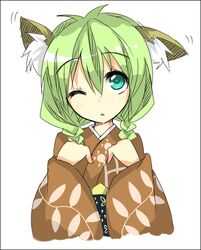  animal_ears aqua_eyes ear_wiggle female fox_ears japanese_clothes kimono one_eye_closed original saitou_kon shingetsu_takehito solo 