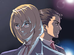  2boys apollo_justice:_ace_attorney blonde_hair brown_hair closed_mouth commentary_request formal glasses gyakuten_saiban hair_over_shoulder kristoph_gavin lens_flare light lowres male_focus matsudo_aya multiple_boys naruhodou_ryuuichi oekaki profile rimless_eyewear smile smirk suit twisted_hair upper_body 