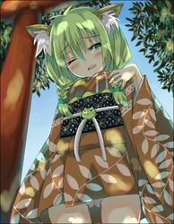  animal_ears braid cat_ears dappled_sunlight female fox_ears fox_tail green_hair hair_over_shoulder japanese_clothes kimono orange_kimono original saitou_kon shingetsu_takehito short_kimono solo sunlight tail tears torii tree twin_braids 