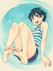  barefoot blue_shorts blush commentary_request feet female legs lowres masato_(oal) original pigeon-toed short_hair shorts solo striped 