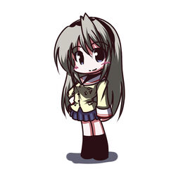  black_thighhighs blue_eyes blush chibi clannad commentary_request female fictional_sister grey_hair hairband hand_on_own_hip hikarizaka_private_high_school_uniform long_hair sakagami_tomoyo school_uniform serafuku skirt smile solo thighhighs turtleneck very_long_hair 