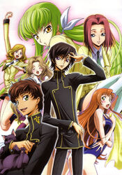  2boys 5girls arthur_(code_geass) ashford_academy_school_uniform ashford_academy_swimsuit blonde_hair blue_eyes blush brown_hair c.c. closed_eyes code_geass code_geass:_lost_colors feline green_eyes green_hair highres kimura_takahiro kouzuki_kallen kururugi_suzaku lelouch_vi_britannia long_hair milly_ashford multiple_boys multiple_girls nunnally_vi_britannia official_art one-piece_swimsuit open_mouth photoshop_(medium) purple_eyes red_hair scan school_uniform shirley_fenette swimsuit thighhighs towel yellow_eyes 