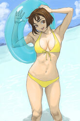  :d armpits arms_up bad_id bad_pixiv_id beach bikini breasts brown_hair cleavage cloud day female front-tie_top ibanen innertube large_breasts looking_at_viewer navel ocean open_mouth original outdoors short_hair sky smile solo swim_ring swimsuit wading water yellow_bikini 