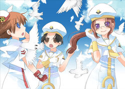  3girls aria_(manga) atora_monteverdi ayumi_k_jasmine bird black_hair blouse blue_eyes blush brown_eyes brown_hair cloud commentary_request day dress earrings feathers fingerless_gloves glasses gloves hat hayashi_tsugumi himeya_company_uniform jewelry long_dress long_hair multiple_girls open_mouth orange_planet_uniform photoshop_(medium) purple_eyes sailor_collar shirt short_hair short_sleeves sky smile uniform white_dress white_shirt yumeno_anzu 