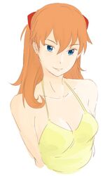  bare_shoulders blue_eyes breasts cleavage closed_mouth collarbone dress female hachimitsuboi hairpods interface_headset long_hair looking_at_viewer medium_breasts neon_genesis_evangelion orange_hair simple_background sketch sleeveless sleeveless_dress smile solo souryuu_asuka_langley spaghetti_strap sundress tsurime upper_body white_background yellow_dress 