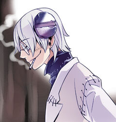  1boy cigarette franken_stein_(soul_eater) glasses lowres male_focus object_through_head screw_in_head smoking solo soul_eater stitches white_hair 