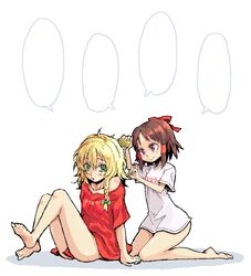  2girls barefoot blank_speech_bubble blonde_hair bottomless braid casual comb commentary_request feet hakurei_reimu kirisame_marisa long_hair multiple_girls naked_shirt oekaki outline ribbon roku_(warrock) shirt shirt_slip speech_bubble t-shirt touhou 