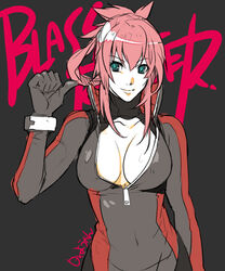  amanda_werner artist_request black_bodysuit blassreiter bodysuit breasts cleavage copyright_name covered_navel female green_eyes grey_background hair_up large_breasts photoshop_(medium) pink_hair signature simple_background smile solo unzipped zipper 