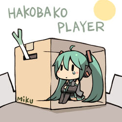  aqua_hair box cardboard_box chan_co chibi commentary_request female full_body hakobako_player_(vocaloid) hatsune_miku in_box in_container long_hair solo spring_onion thighhighs very_long_hair vocaloid 