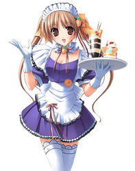  apron bow brown_eyes brown_hair choker female food fumio_(ura_fmo) gloves hair_ornament hair_ribbon highres kunugi_ayano maid open_mouth parfait pia_carrot_(series) pia_carrot_e_youkoso!!_g.o. pocky ribbon simple_background solo thighhighs tray twintails waitress white_background white_gloves white_thighhighs zettai_ryouiki 