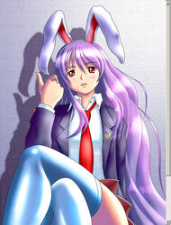  animal_ears commentary_request crossed_legs fake_scrollbar female long_hair nyagoro purple_hair rabbit_ears red_eyes reisen_udongein_inaba sitting skirt solo thighhighs touhou very_long_hair white_thighhighs 