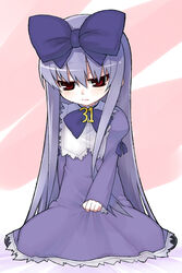  3.1-tan bad_id bad_pixiv_id blush bow clothes_grab dress female frills frown full_body grey_hair hair_ribbon hairbow kneeling lesskiss lolita_fashion long_hair long_sleeves looking_at_viewer numbered os-tan puffy_sleeves purple_bow purple_dress red_eyes ribbon simple_background sitting solo very_long_hair 