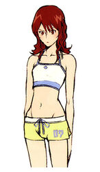  bikini cissnei crisis_core_final_fantasy_vii crop_top female final_fantasy final_fantasy_vii midriff navel nomura_tetsuya red_eyes red_hair shorts simple_background solo source_request swimsuit tank_top tankini white_background yellow_shorts 