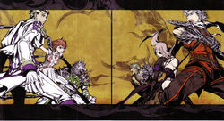  2girls 3boys absurdres almira artist_request cape eyepatch feel galumn gloves highres juju leon_(over_zenith) multiple_boys multiple_girls opposing_sides over_zenith photoshop_(medium) scan scarf vitis weapon 