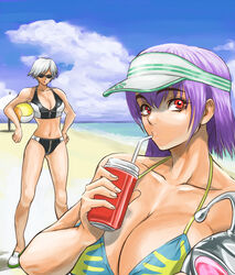  2girls ayane_(doa) bad_id bad_pixiv_id ball beach bikini breasts christie_(doa) cleavage day dead_or_alive drinking_straw ibanen large_breasts multiple_girls outdoors purple_hair red_eyes sunglasses swimsuit volleyball volleyball_(object) white_hair 