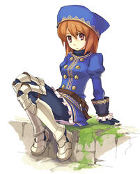  armor brown_eyes brown_hair buttons commentary_request dated_commentary fantasy_earth fantasy_earth_zero female frown full_body gloves hat leg_armor long_sleeves medium_hair moss panties panties_under_pantyhose pantyhose puffy_sleeves sitting solo tanaka_(cow) underwear warrior_(fantasy_earth) warrior_(jeanne_outfit)_(fantasy_earth_zero) 