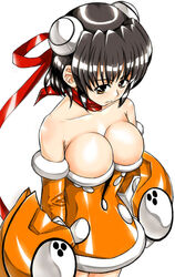  armor bare_shoulders black_hair breasts bursting_breasts cleavage cowboy_shot dress elbow_gloves eliza_mayfield female from_above fur_trim gauntlets gloves growlanser growlanser_iv hair_ribbon hairpods impossible_clothes impossible_dress large_breasts looking_at_viewer no_bra orange_dress orange_eyes parted_lips ribbon sato_iori scarf shiny_clothes short_dress short_hair simple_background skirt solo standing strapless strapless_dress white_background 