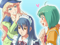  1boy 2girls :d ahoge apron beret black_dress blonde_hair blue_eyes blush collarbone commentary_request crossdressing dress expressionless frills grin hat macross macross_frontier maid maid_headdress mihoshi_academy_school_uniform multiple_girls nishiwaki open_mouth orange_dress otoko_no_ko puffy_short_sleeves puffy_sleeves ranka_lee saotome_alto school_uniform serafuku sheryl_nome short_hair short_sleeves smile tareme teeth 