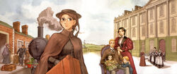  6+boys 6+girls adele_(emma) apron brown_eyes brown_hair building day dorothea_molders emma_(victorian_romance_emma) erich_molders family glasses hat highres ilse_molders maid mori_kaoru multiple_boys multiple_girls official_art sky smoke suitcase traditional_media train victorian victorian_romance_emma wilhelm_molders 