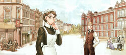  3girls 6+boys butler eleanor_campbell emma_(victorian_romance_emma) glasses grace_jones hat highres maid mori_kaoru multiple_boys multiple_girls official_art richard_jones scan smoking_pipe stevens victorian victorian_maid victorian_romance_emma william_jones 