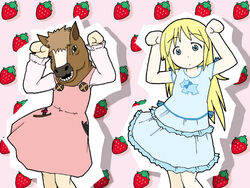  2girls ana_coppola blonde_hair blue_dress blue_eyes caramelldansen commentary_request contrapposto dancing dress e_saiba frills horse_head ichigo_mashimaro long_hair looking_at_viewer mask multiple_girls pose sakuragi_matsuri simple_background standing strawberry_background very_long_hair 