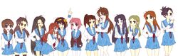  6+girls ;d ahoge asahina_mikuru asakura_ryouko bad_source black_thighhighs blue_sailor_collar blue_skirt brown_cardigan brown_hair cardigan closed_mouth computer_club_president_(female)_(suzumiya_haruhi) everyone genderswap_(mtf) kimidori_emiri kita_high_school_uniform koizumi_itsuki_(female) kunikida_(female)_(suzumiya_haruhi) kyonko long_hair long_sleeves medium_hair multiple_girls nagato_yuki neck_ribbon one_eye_closed open_cardigan open_clothes open_mouth pointing pointing_up ponytail red_ribbon ribbon rule_63 sailor_collar school_uniform serafuku short_hair skirt smile socks student_council_president_(female)_(suzumiya_haruhi) suzumiya_haruhi suzumiya_haruhi_no_yuuutsu taniguchi_(female)_(suzumiya_haruhi) tashimo thighhighs tsuruya v-shaped_eyebrows very_long_hair white_socks winter_uniform zettai_ryouiki 