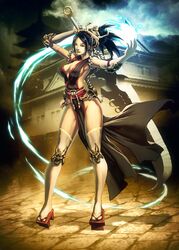  black_hair breasts castle cleavage commentary elbow_gloves english_commentary engrish_commentary female full_body genzoman gloves headdress japanese_mythology large_breasts legs lips looking_at_viewer mitos_y_leyendas no_panties photoshop_(medium) sandals sideboob soga_no_umako solo standing sword thighhighs thighs weapon 