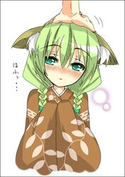  animal_ears aqua_eyes blush braid female fox_ears green_hair hand_on_another&#039;s_head headpat japanese_clothes kimono original out_of_frame saitou_kon shingetsu_takehito solo_focus translation_request twin_braids white_background wide_sleeves 