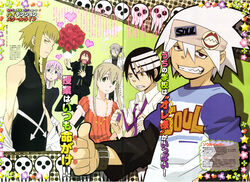  &gt;_&lt; 1other 2girls 4boys absurdres adjusting_clothes age_difference alternate_costume androgynous angry arrow_(symbol) bare_shoulders beads belt belt_skirt black_eyes black_hair blonde_hair blunt_bangs bouquet braid breasts casual cigarette clenched_teeth closed_eyes collared_shirt crona_(soul_eater) death_the_kid dress flower formal franken_stein_(soul_eater) front_braid glasses gradient_background green_background grey_hair grin hair_between_eyes halterneck hand_on_own_chest hand_on_own_head hands_on_own_hips headband heart highres holding jewelry lab_coat leg_up long_hair looking_at_viewer looking_down loose_necktie magazine_scan maka_albarn medusa_gorgon mouth_hold multicolored_hair multiple_boys multiple_girls necklace necktie object_through_head off_shoulder official_art oguri_hiroko opaque_glasses parted_lips photoshop_(medium) pink_hair polka_dot raglan_sleeves raised_eyebrows red_eyes red_hair rose scan screw_in_head shadow shirt short_hair short_hair_with_long_locks sidelocks silver_hair skull small_breasts smile soul_eater soul_evans spiked_hair spirit_albarn star_(symbol) stitches streaked_hair striped suit teeth text_focus thumbs_up turtleneck twintails two-tone_hair vertical_stripes white_hair yellow_eyes 