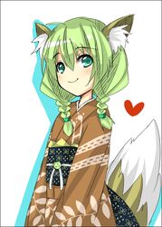  animal_ear_fluff animal_ears aqua_eyes braid female fox_ears fox_girl fox_tail green_hair hair_over_shoulder heart japanese_clothes kimono original saitou_kon shingetsu_takehito smile solo tail twin_braids 