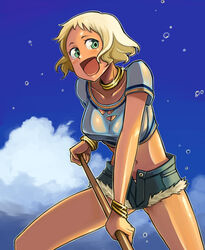  aqua_shorts blonde_hair blush bowieknife bracelet cloud commentary_request dark-skinned_female dark_skin day denim denim_shorts female green_eyes hyakko jewelry midriff navel ooba_minato open_fly short_hair shorts sky solo sweat unzipped 