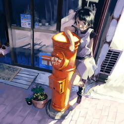  black_hair female flower grin japanese_cylindrical_postbox japanese_postal_mark myu_(neorosi) original postbox_(outgoing_mail) short_hair smile solo 