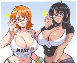  2girls big_breasts black_hair bocodamondo breasts busty cleavage clothed curvy female female_only glasses huge_breasts jeans lewdamone log_pose long_hair megane midriff midriff_baring_shirt nami nico_robin one_piece orange_hair overflowing_breasts panties pre-timeskip shirt short_hair skimpy_clothes tank_top voluptuous 