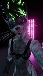  3d abs anthro anthro_only canid canine fur furry furry_only green_eyes green_hair grey_fur harness hoodbrailen looking_at_viewer male male_only muscular muscular_anthro muscular_male rexouium stage stage_lights standing tagme twitter vr_media vrchat vrchat_avatar 