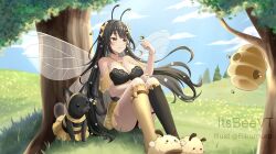  absurdres animal_costume animal_slippers antennae arthropod_girl bee bee_girl bee_wings beehive black_hair black_socks blush_stickers bow breasts bug canine character_name cleavage closed_mouth cloud commission dog_costume female flower gold_necklace grass hair_flower hair_ornament hairbow highres indie_virtual_youtuber itsbee_(vtuber) jewelry kneehighs long_hair necklace rikumuro sitting sky slippers socks tree twitter_username two-tone_socks virtual_youtuber white_flower yellow_bow yellow_eyes yellow_socks 