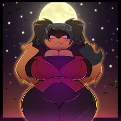  2019 anthro anthro_only bats big_breasts big_cleavage black_body black_fur black_hair blonde_hair breasts canid canine canis chiropteran cleavage clothed clothing detailed_background domestic_dog fangs female female_only full_moon fully_clothed glowing_eyes goblinhordestudios halloween hi_res mammal moon night night_sky night_time red_eyes solo star stars thick_female thick_hips thick_thighs tight_clothing two_tone_hair vampire vampire_fangs zoey_(jwinkz) 