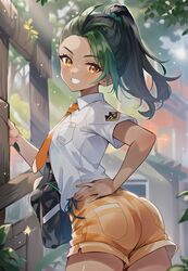  1girls ai_generated ass bag black_hair blush boobs_and_butt_pose dark-skinned_female dark_skin dat_ass fully_clothed green_hair hand_on_hip lighting looking_at_viewer nai_diffusion necktie nemona_(pokemon) nintendo orange_shorts pokemon pokemon_(game) pokemon_sv ponytail school_uniform showing_ass smile smiling_at_viewer stable_diffusion 