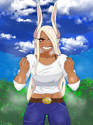  1girls abs alternate_costume animal_ear_fluff animal_ears animal_girl athletic athletic_female belt belt_buckle bikini_under_clothes brown_skin bunny_ears bunny_girl casual casual_clothes clenched_fist clenched_fists clenched_hand clenched_hands clenched_teeth covered_navel dark-skinned_female dark_skin ear_fluff eddarxart excited eyelashes female female_only fighter fighting_stance fit fit_female fully_clothed gyaru jeans large_breasts long_eyelashes miruko muscle_girl muscle_slut muscle_tone muscles muscular_female my_hero_academia rabbit_ears rabbit_girl red_eyes rumi_usagiyama sidelocks smile smiling smiling_at_viewer solo superheroine swimsuit_under_clothes tomboy visible_bra_through_clothes white_hair 