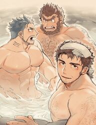  3boys abs arm_hair bara beard blue_hair blush brown_hair chest_hair completely_nude facial_hair fighting fins fish_boy hozu_(hozumi) jinn_(housamo) large_pectorals long_sideburns looking_at_viewer male_focus mature_male mononobe_kyoma multiple_boys muscular muscular_male navel nipples nude onsen partially_submerged pectorals short_hair sideburns steam stomach stubble thick_eyebrows tied_hair tokyo_afterschool_summoners towel towel_on_head triton_(housamo) unibrow water 