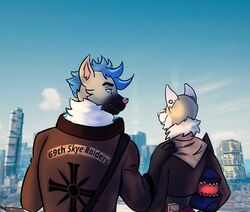  amorous anthro canid canine city clothed clothing cyberpunk_2077 duo female fox hi_res jye male mammal sharkface_(character) skye_(amorous) unknown_artist 