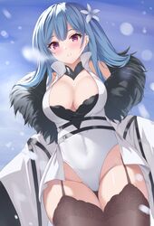  azur_lane bare_shoulders black_garter_straps black_thighhighs blue_hair blunt_bangs blush breasts cleavage coat covered_navel cowboy_shot female flower fur-trimmed_coat fur_trim garter_straps hair_flower hair_ornament highres itaba_atsushi lace_trim large_breasts leotard long_hair long_sleeves looking_at_viewer purple_eyes solo thighhighs voroshilov_(azur_lane) white_leotard wide_hips 