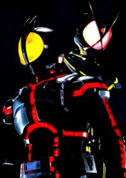  2boys 4ze_meteor antennae dark glowing glowing_eyes highres kamen_rider kamen_rider_555 kamen_rider_faiz kamen_rider_kaixa male_focus multiple_boys neon_trim rider_belt tokusatsu 