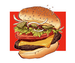  bread bread_bun burger cheese commentary food food_focus kogashirou lettuce no_humans onion original pickle sesame_seeds simple_background still_life tomato tomato_sauce tomato_slice vegetable white_background 