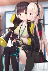  2girls absurdres armband arms_around_waist black_gloves black_hair black_jacket black_legwear black_skirt blonde_hair blunt_bangs blush closed_mouth collarbone commission girls&#039;_frontline gloves headgear heterochromia highres holding id_card indoors jacket kissing kissing_cheek lanyard long_sleeves looking_at_another m4_sopmod_ii_(girls&#039;_frontline) megaphone multicolored_hair multiple_girls orange_eyes panties pantyhose red_eyes ro635_(girls&#039;_frontline) rynzfrancis sitting skirt streaked_hair sweater thigh_strap thighhighs thighs twintails underwear white_hair white_panties yellow_eyes yellow_jacket yellow_sweater yuri 