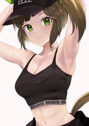  abs alternate_costume animal_ears armpits arms_up blush boc&#039;z_(umamusume) breasts brown_hair commentary_request female freckles green_eyes hat highres horei_tsuna horse_ears horse_girl horse_tail ines_fujin_(umamusume) looking_at_viewer medium_breasts medium_hair simple_background smile solo tail umamusume white_background 