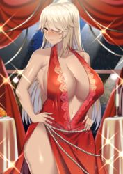  alcohol armpit_crease artist_name bare_shoulders blonde_hair blush breasts center_opening champagne cleavage closed_mouth collarbone cowboy_shot cup curtains dark_skin dress droplet female hair_over_one_eye hands_on_hips highres ikkitousen indoors jewelry large_breasts lilycious long_hair looking_at_viewer musashibou_benkei_(ikkitousen) navel red_curtains red_dress side_slit sleeveless solo standing table 