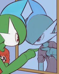  anthro blue_background clothed clothing gallade generation_4_pokemon gesture green_body hand_gesture hi_res looking_at_mirror looking_at_object looking_at_self male mirror napalm_express nintendo pointing pointing_at_self pokemon pokemon_(species) red_clothing red_shirt red_topwear reflection shirt simple_background solo standing t-shirt text text_on_clothing text_on_shirt text_on_topwear topwear white_body 